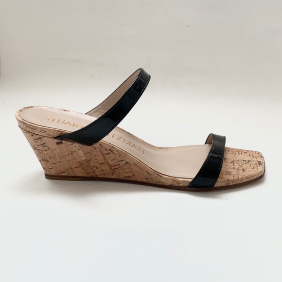 Stuart Weitzman Aleena 50 wedge Black patent leather sandals pumps mules 6.5 - Picture 10 of 13